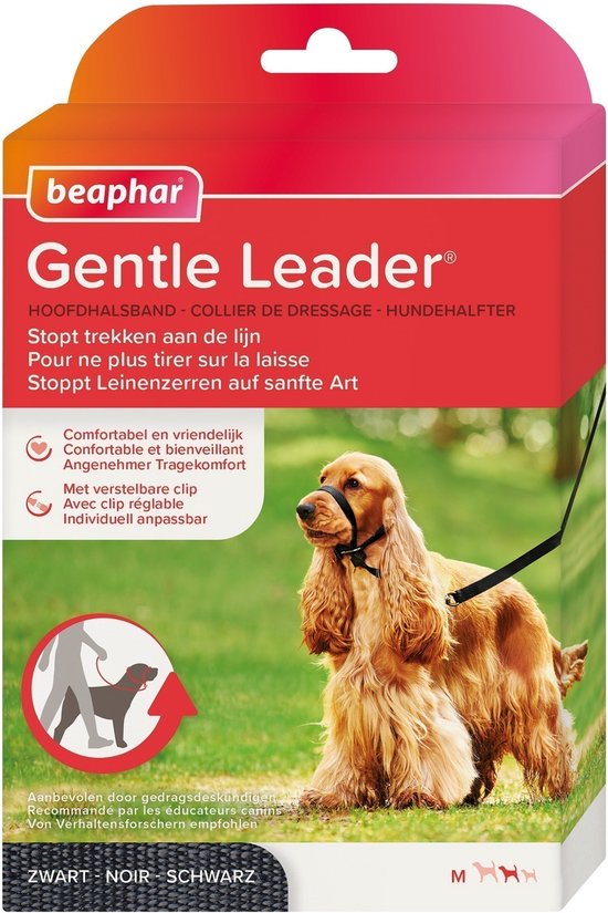 Emballage du Beaphar Gentle Leader avec une image d'un Cocker Spaniel portant une longe de tête rouge.