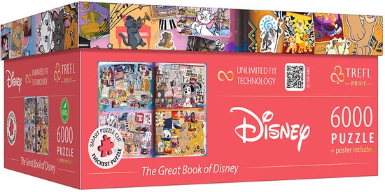 De zijkant en voorkant van de 'The Great Book of Disney' 6000-stukjespuzzel van Trefl, met scènes uit verschillende Disney-films.