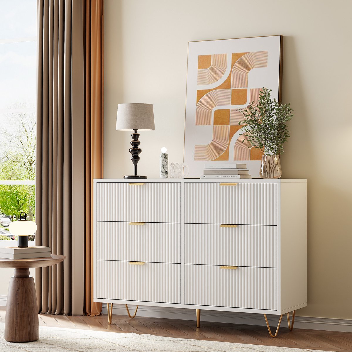 Kommode met 6 Stoffen Laden | Opbergkast Sideboard in Wit | Voor Woonkamer, Slaapkamer, Hal, Keuken of Kantoor