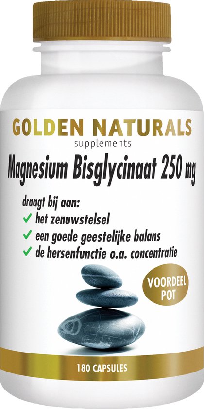 Pot Golden Naturals Magnesium Bisglycinaat 250 mg, 180 capsules. Zichtbaar: tekst en gestapelde stenen.