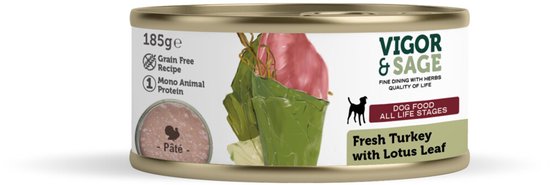 Vigor & Sage Hondenvoer Vers-in-Blik Kalkoen - Lotus Leaf - 12 x 185 gr - Voordeelverpakking