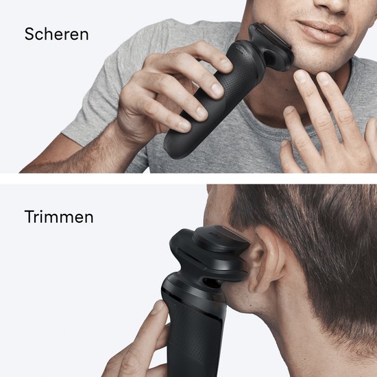 Man scheert gezicht en trimt rond oor met zwart Braun scheerapparaat.