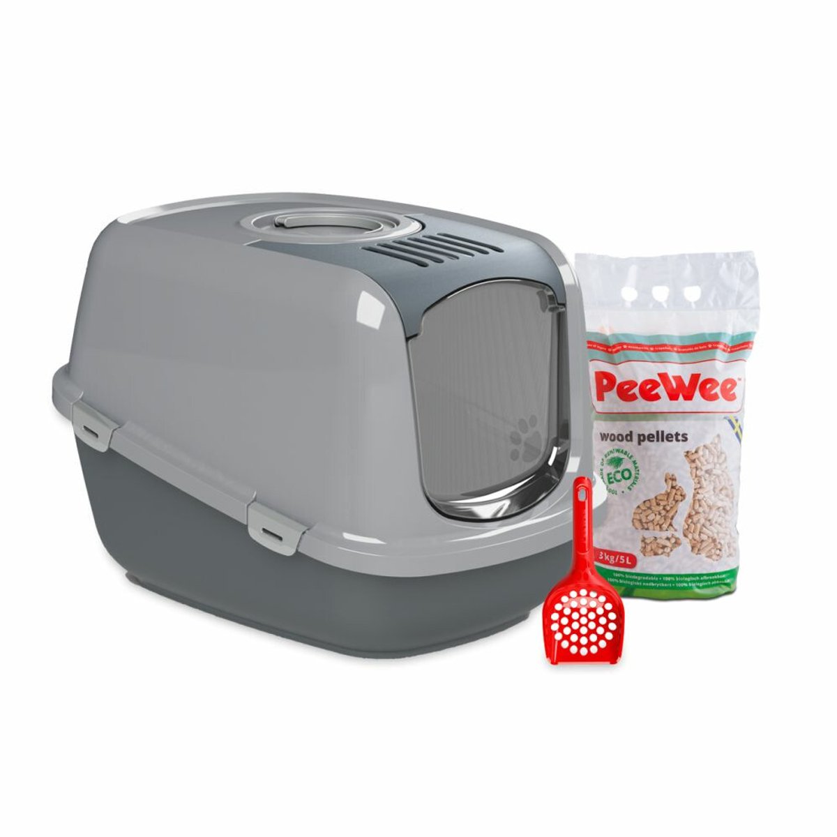 PeeWee EcoDome XXL Grijs +3 kg houtkorrels +Schepje, Kattenbak-Combideal
