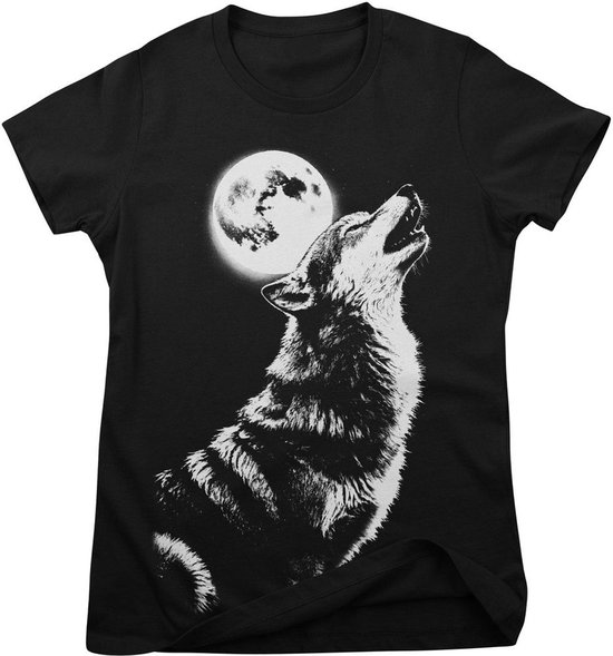 Zwarte t-shirt met opdruk van een wolf die huilt naar de maan.
