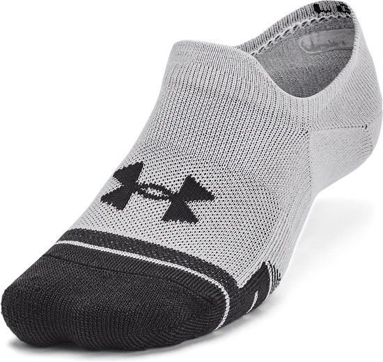 Grijze Under Armour no-show sok met zwart logo en zwarte teen.
