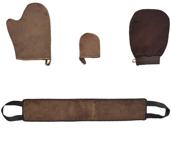 Foto: 4 delige zelfbruinende handschoenen exfoli rende scrubs verschillende maten zelfbruinende handschoenen inclusief zelfbruinende applicator aan de achterkant universeel comfort geschikt voor alle lichaamsdelen bruin