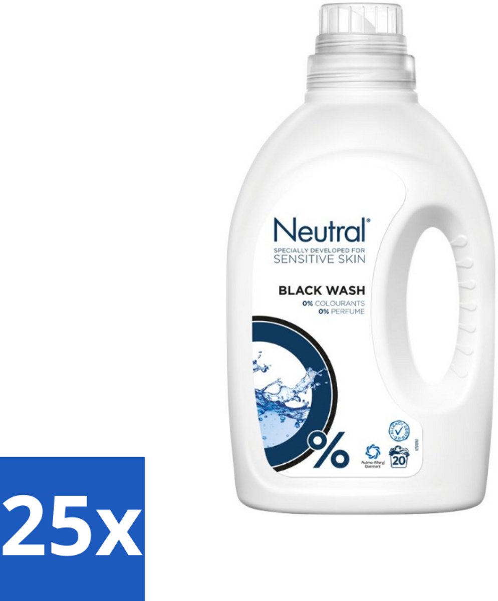 25 x Neutral Vloeibaar Wasmiddel Zwart 20 Wasbeurten 1 liter - Donker Was - Zwart Was - Parfumvrij Wasmiddel - Gevoelige Huid - Hypoallergeen Wasmiddel