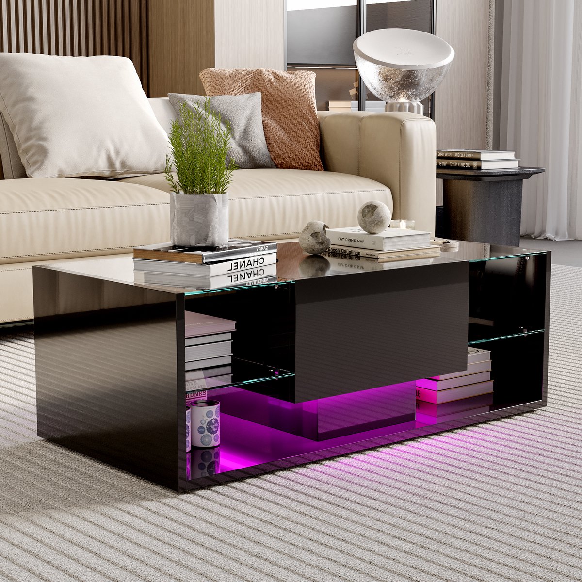 Zwarte LED Salontafel – Scandinavisch Hoogglans Design met Glazen Bladen, 3x2 Opbergruimte, Lade en Zwevende LED-verlichting