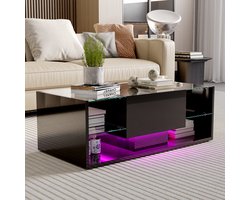 Zwarte LED Salontafel – Scandinavisch Hoogglans Design met Glazen Bladen, 3x2 Opbergruimte, Lade en Zwevende LED-verlichting