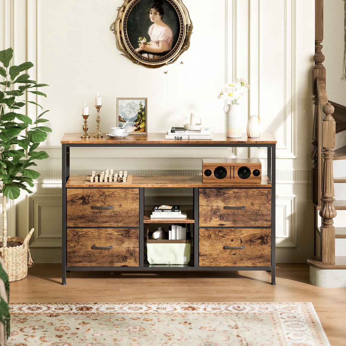 Opbergkast 137cm – Metaal Frame & 4 Kleurrijke Stoffen Laden, Retro Modern