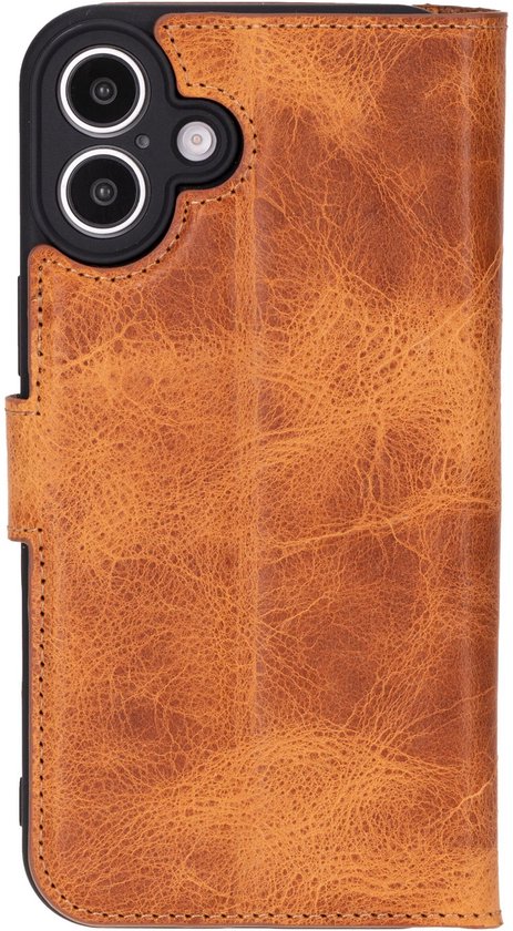 Étui en cuir iPhone 16 Plus - Solidenz Bookcase Étui en cuir iPhone 16 Plus - Cuir véritable - Étui téléphone avec porte-cartes - Étui en cuir pleine fleur - Marron clair