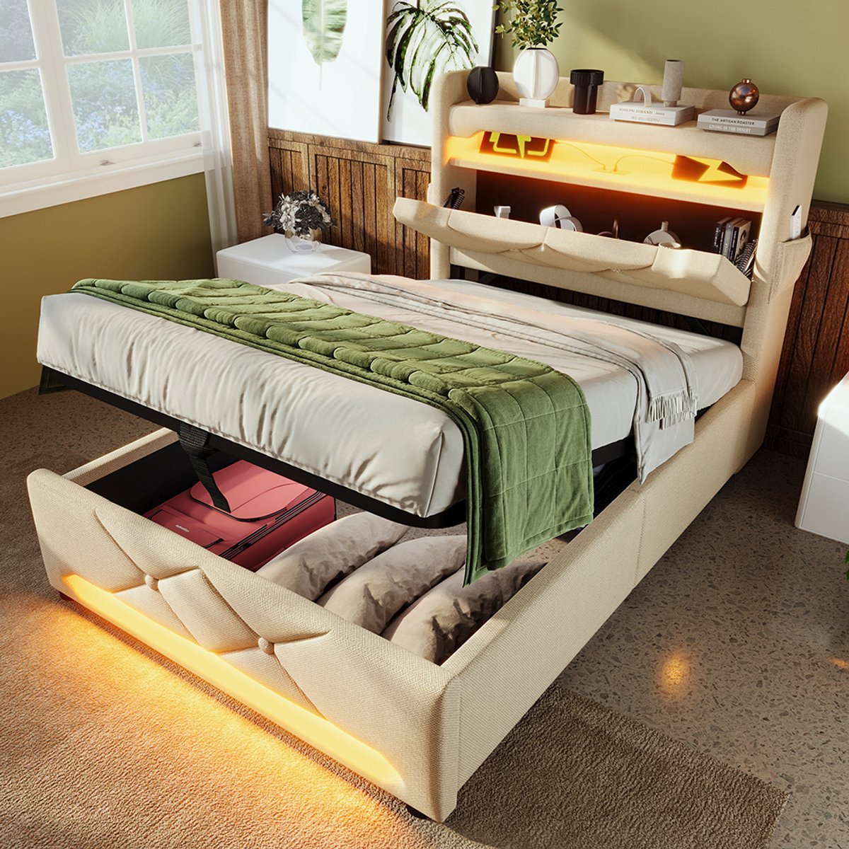 YEHTOKHOME Gestoffeerd bed Eenpersoonsbed 90x200 cm met USB- en Type C-poorten - LED-verlichting - hydraulische opbergruimte - beige - linnen (zonder matras)