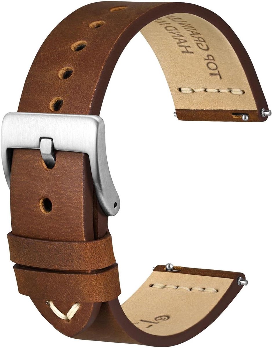 Horlogeband van topnerfleer met Franse wasdraad en snelsluiting - vervangende band voor mannen - bandbreedte 17 mm 18 mm 19 mm 20 mm 21 mm 22 mm 24 mm, 18mm - Leer