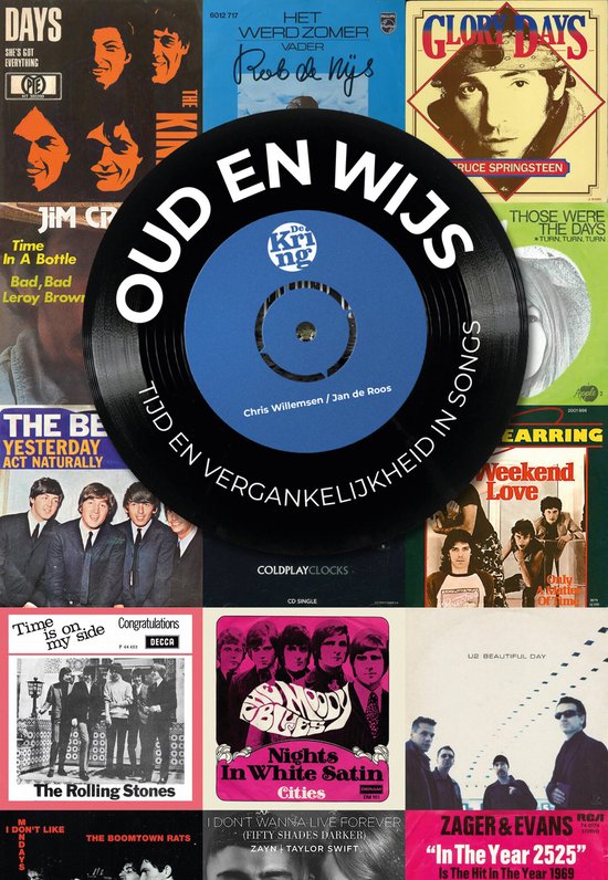 Collage van albumcovers en een vinylplaat met de tekst "Oud en Wijs".