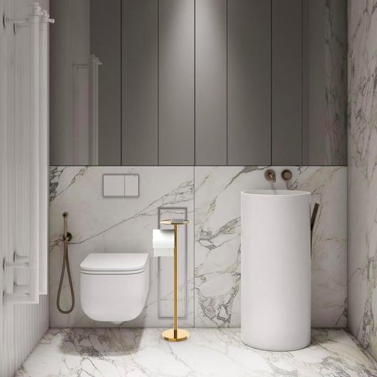 YUET Vrijstaande toiletrolhouders met toiletborstel vrijstaande opvouwbare papierhouder standaard opslag roestvrij stalen badkamer, anti-roest voetstuk vrijstaande dispenser voor 3 (zilver