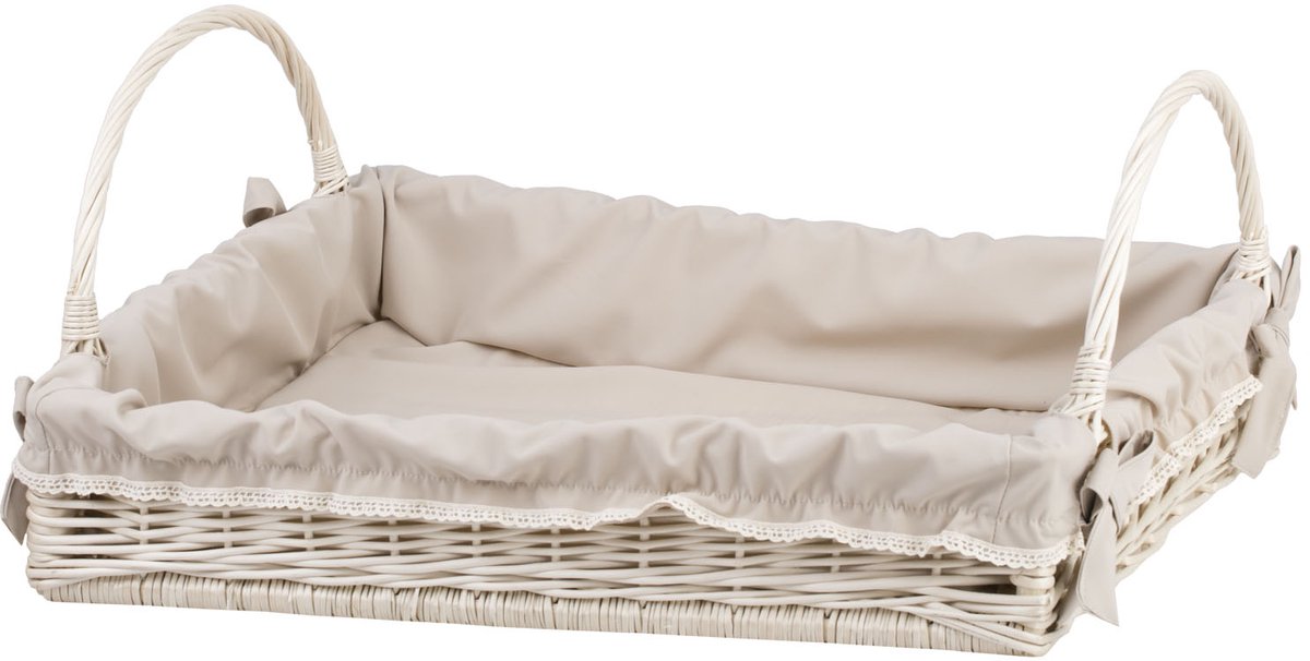 The Wicker Stories – Grote rieten serveermand met handvat – Met beige stoffen voering met kant – Handgemaakt in Europa – Voor brood- en productpresentatie – Whitewash