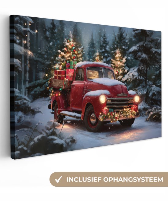 Rode kersttruck met cadeaus, omringd door kerstbomen in een besneeuwd bos. Inclusief ophangsysteem.