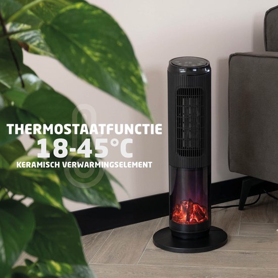 BREND BR-2222 Tour de Chauffage Électrique avec Flammes - Cheminée Décorative Autoportante - Fonction Ventilateur, Oscillation et Thermostat 18 à 45 °C - Zwart