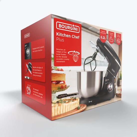 Bourgini Kitchen Chef Plus - XL Keukenmachine - 6.2L mengkom - Keukenrobot - 3 Accessoires - Keukenmixer - Zwart van Merkloos — afbeelding 4