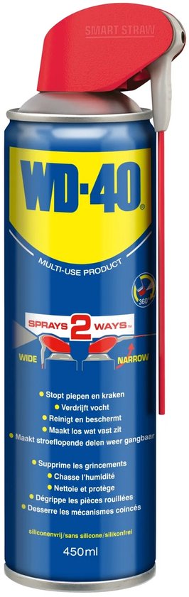 WD-40 Smart Straw spuitbus, blauw met gele en witte opdruk, rode dop met Smart Straw sproeisysteem. 450ml.