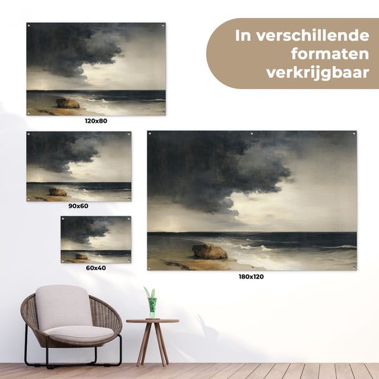 Tuinposter 60x40 cm - Tuindecoratie Kust - Golven - Rots - Storm - Poster voor in de tuin - Buiten decoratie - Schutting tuinschilderij - Tuindoek muurdecoratie - Wanddecoratie balkondoek