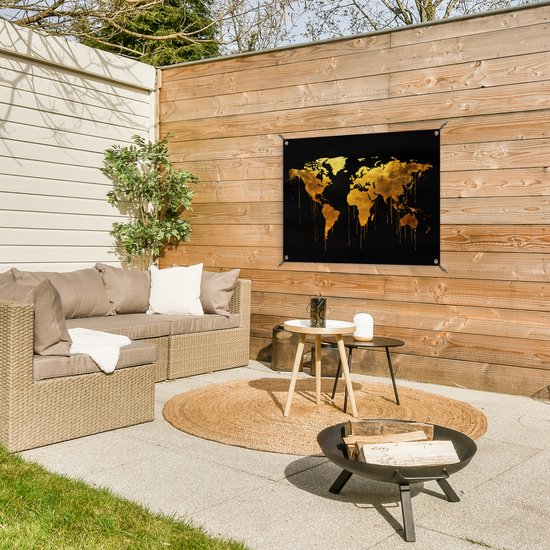 Tuinposter 80x60 cm - Tuindecoratie Wereldkaart - Goud - Druipen - Zwart - Poster voor in de tuin - Buiten decoratie - Schutting tuinschilderij - Tuindoek muurdecoratie - Wanddecoratie balkondoek
