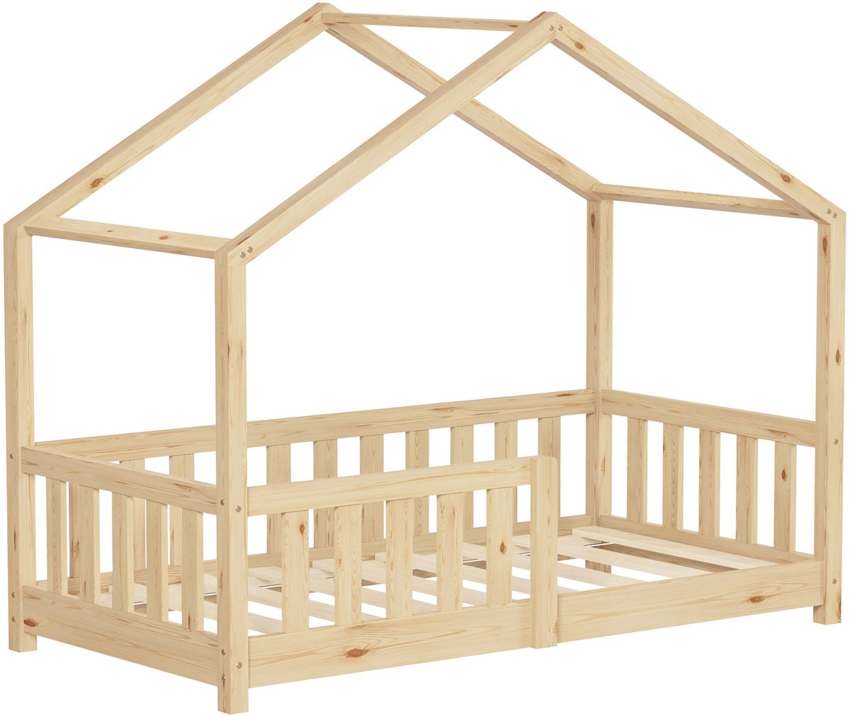ml-design kinderbed huisbed 70x140 cm naturel massief grenenhouten bed met dak lattenbodem en uitvalbescherming Montessori vloerbed speelbed juniorbed houten bedframe huisbed voor kinderen meisjes jongens kinderkamer jeugdbed stabiel veilig Beige