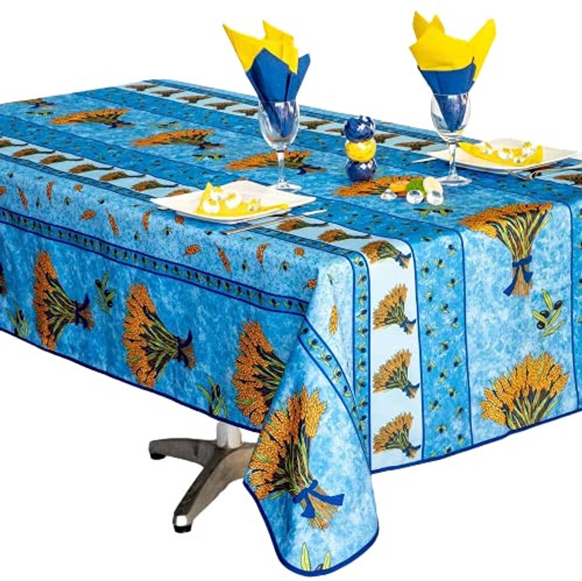 Provençaals rechthoekig vlekbestendig tafelkleed, blauw tarweboeket