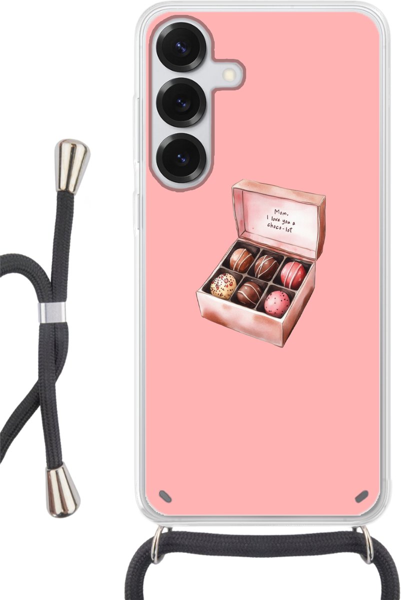 Telefoonhoesje Geschikt voor Samsung Galaxy S25 Plus - Doosje - Bonbons - Liefdevolle - Tekst - Siliconen - Crossbody - Backcover met Koord - Telefoonhoesje met koord - Hoesje met touw Telefoonhoesje