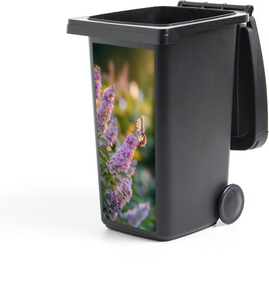 Sticker pour container Sierlijke - Vlinder - Paarse - Bloemen - 38x80 cm - Sticker Kliko