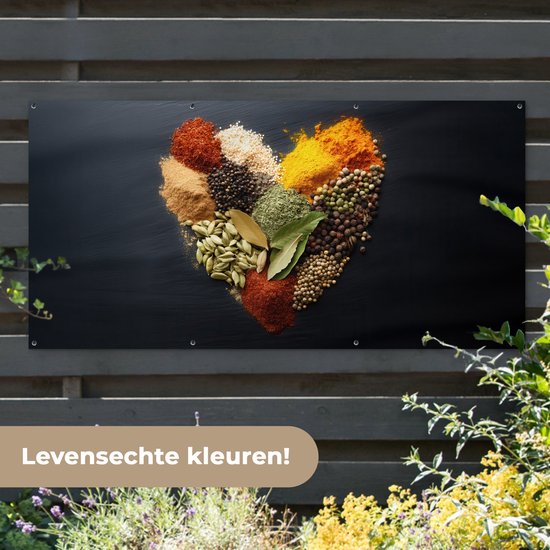 Affiche de jardin 200x100 cm - Décoration de jardin Épices - Mix - Forme de cœur - Zwart - Affiche pour le jardin - Décoration extérieure - Tableau de jardin clôture - Décoration murale sur toile de jardin - Décoration murale sur toile de balcon