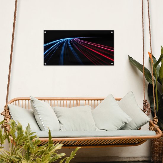 Tuinposter 80x40 cm - Tuindecoratie Gaming - Strepen - Gebogen - Blauw - Poster voor in de tuin - Buiten decoratie - Schutting tuinschilderij - Tuindoek muurdecoratie - Wanddecoratie balkondoek