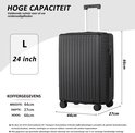 Zwarte koffer, maat L, 24 inch, 66cm hoog, 44cm breed, 27cm diep.