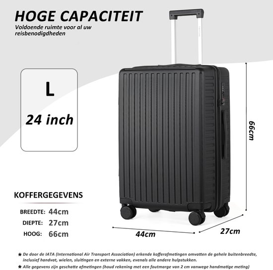 Zwarte koffer, maat L, 24 inch, 66cm hoog, 44cm breed, 27cm diep.