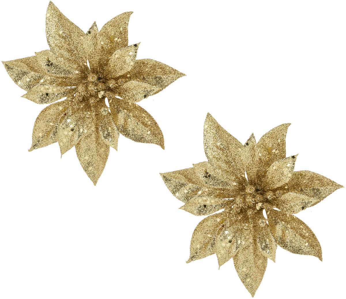 Cosy & Trendy Decoratie bloem - 2x stuks - kerstster - op clip - goud - glitter -15 cm - kunststof - kerstversiering