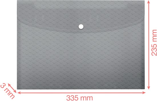 Grijze plastic map van 335 x 235 mm, met een dikte van 3 mm, met patroon en drukknoopsluiting.