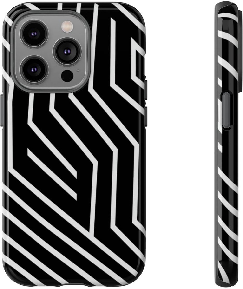 Zwart-Wit Geometrisch Lijnpatroon – Telefoonhoesje Geschikt voor iPhone 14 Pro