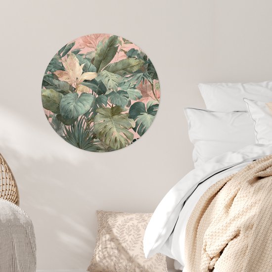 WallCircle® - Papier peint cercle 50x50 cm - Stickers muraux Composition de feuilles - Vert - Rose - Cercle mural salon - Cercle mural chambre - Décoration de chambre autocollante - Accessoires de Décoration murale