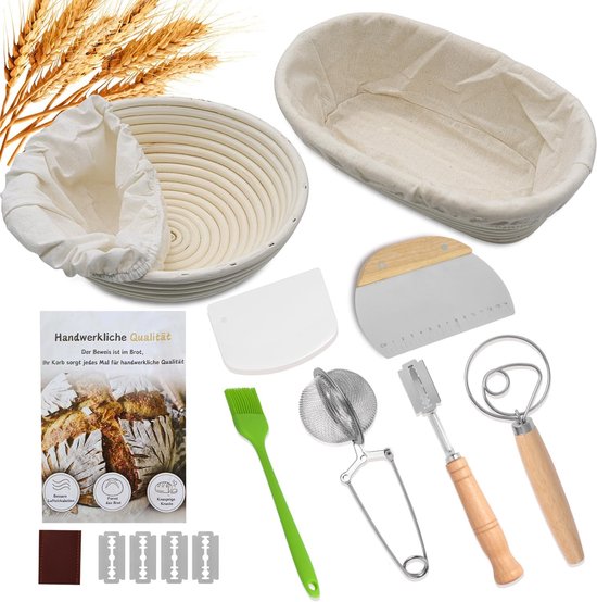 WILLONG Fermentatiemand, Rijsmandje Voor Brood, 25 Cm Rond En 23 Rijsmand Ovaal Zuurdeeg Starterset Complete Broodbakaccessoires Om Te Bakken 1263651348