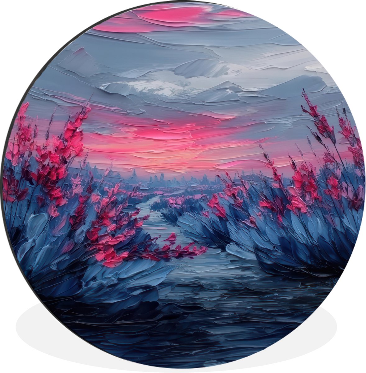 WallCircle Wandcirkel - Muurcirkel - Schilderij - Zonsondergang - Bloemen - Rivier - Aluminium - Dibond - 140x140 cm - Binnen en Buiten