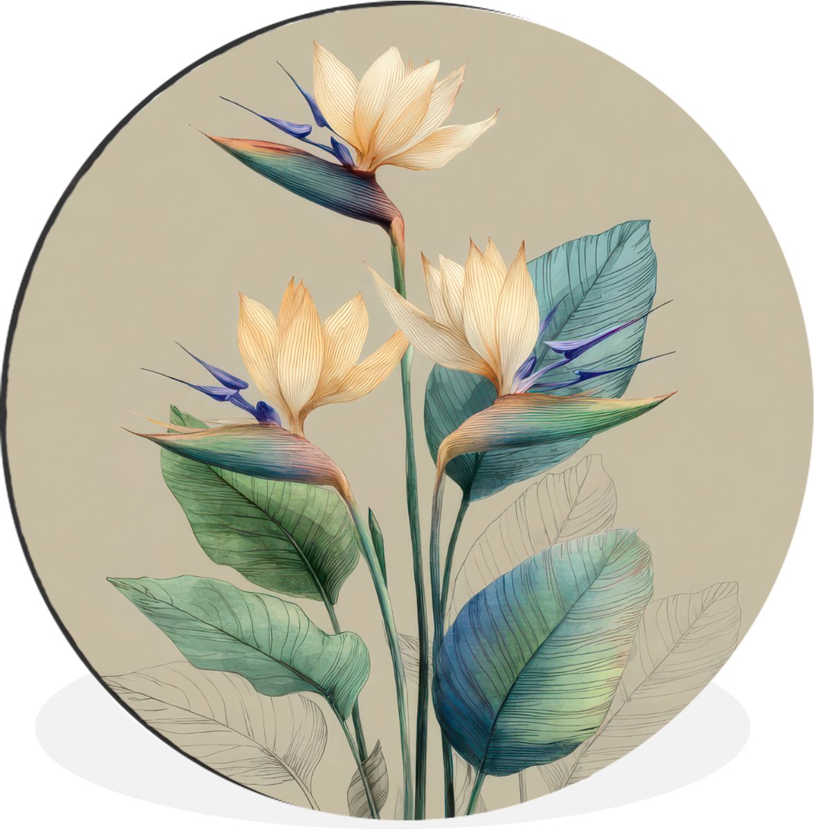 WallCircle Wandcirkel - Muurcirkel - Paradijsvogelbloemen - Blauwgroene bladeren - Beige - Aluminium - Dibond - 120x120 cm - Binnen en Buiten