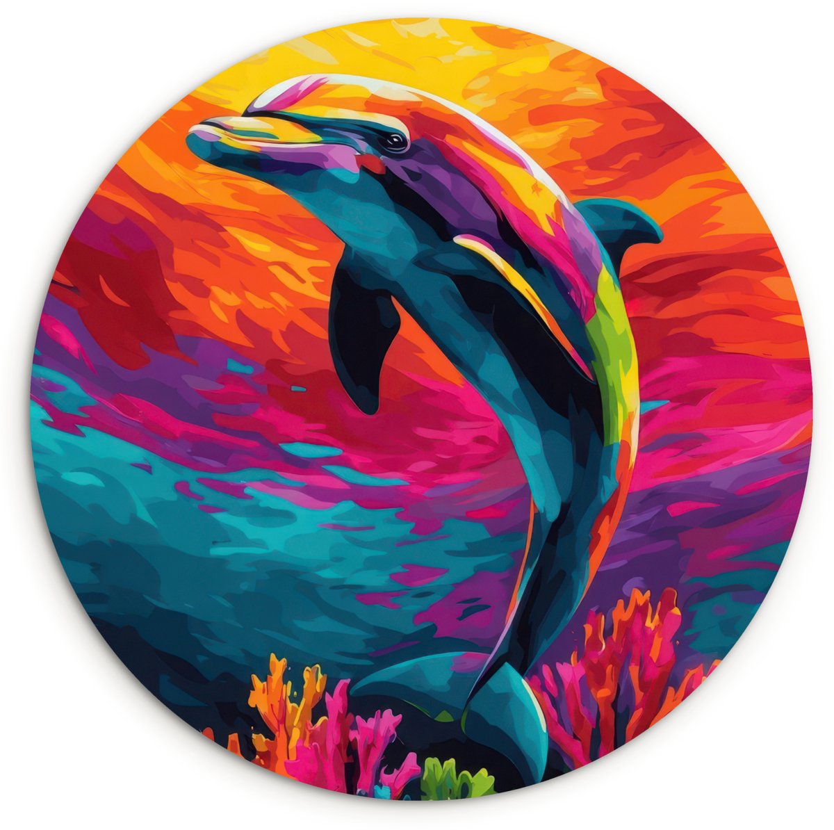 WallCircle Wandcirkel 90x90 cm - Muurcirkel Dolfijn - Kleurrijk - Oceaan - Koraal - Muurdecoratie woonkamer - Wanddecoratie slaapkamer - Kamer decoratie accessoires - Ronde schilderijen