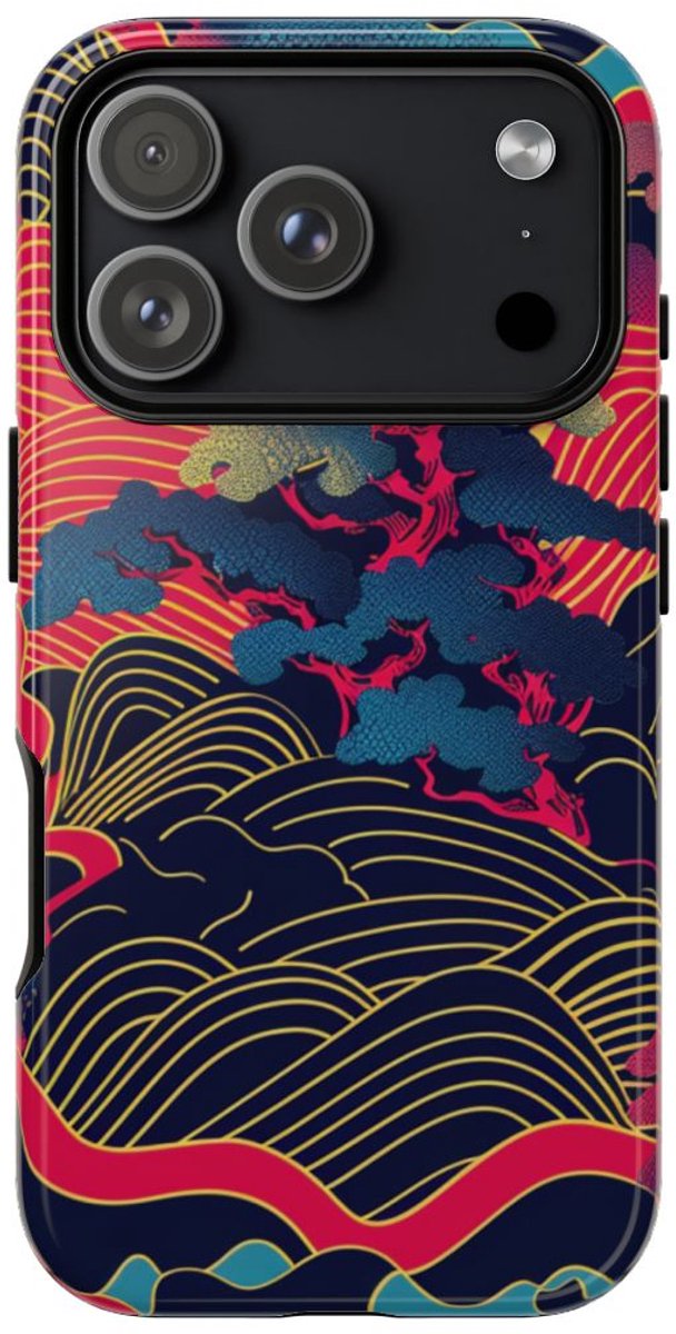 Neon Japanse Landschapspatroon – Telefoonhoesje Geschikt voor iPhone 17 Pro