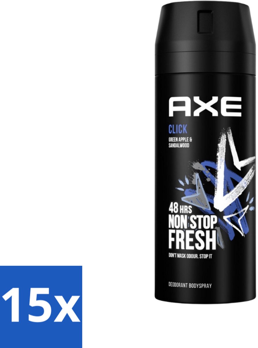 15 x Axe - Deodorant Bodyspray - 48hrs Fresh - Click - Green Apple & Sandalwood - 150 ml - 48 Uur Geurbescherming - Deodorant Sprayer - Frisheid - Geur Van Groene Appel En Sandelhout - Zinktechnologie