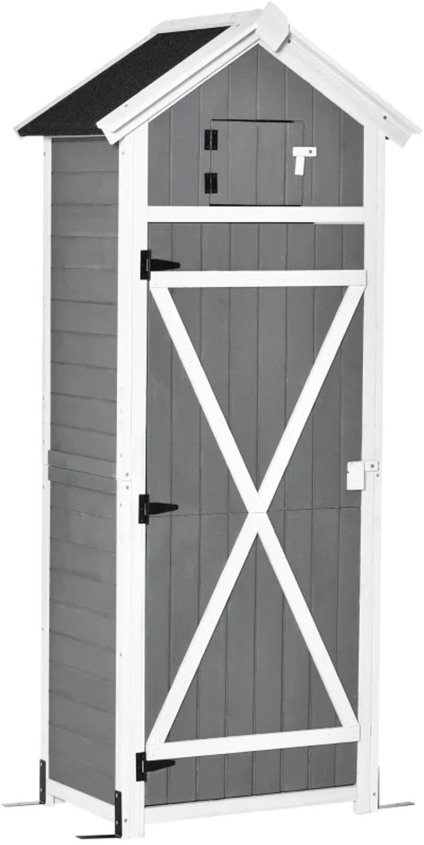 Houten Tuinschuur - Tuinhuis - Tuinkast - 78x52,5x182 cm - met Deur, Haken, Zadeldak en Opklapbare Tafel - Gereedschapsschuur - Opslagruimte Tuin - Tuingereedschap Bewaren - Weerbestendig- Grijs