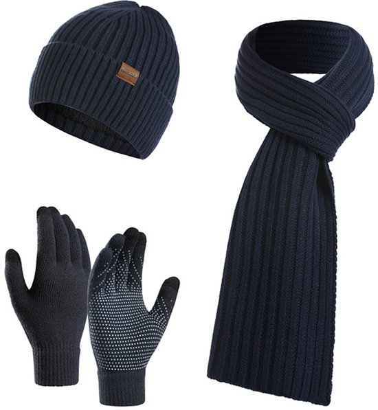 Set 3 pièces bonnet, écharpe et Gants d'hiver - Homme, femme, bonnet de ski, Mitaines tactiles - Chapeaux assortis pour homme et femme - Bleu marine