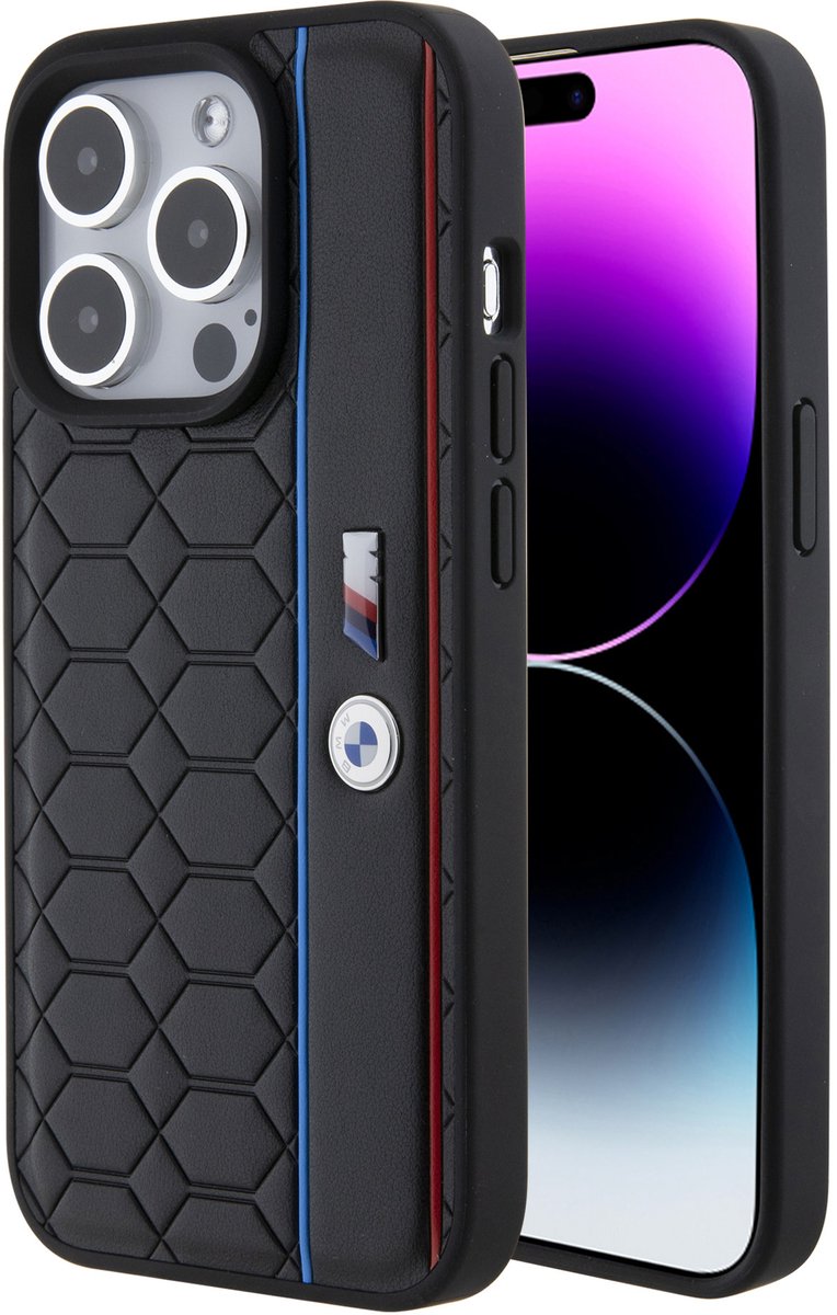 BMW Back Cover - iPhone 15 Pro Hoesje - Hexo Pattern - Zwart - Valbescherming - Ergonomische Grip