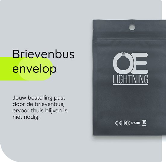 Grijze brievenbus envelop van OE LIGHTNING. Past door de brievenbus, dus thuisblijven is niet nodig.