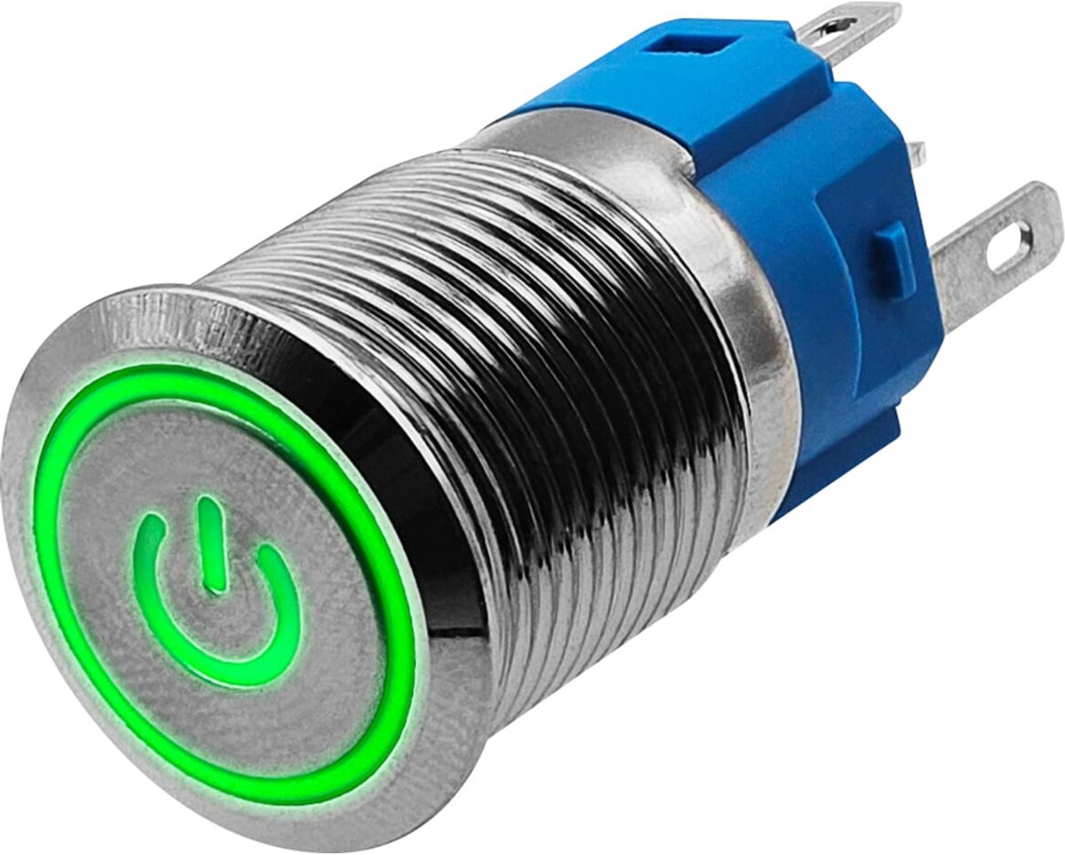 ProRide Metalen Drukschakelaar 12V ON-OFF - 16mm - Aan/uit schakelaar - Spatwaterdicht - 12V/24V - LED Indicatie Groen