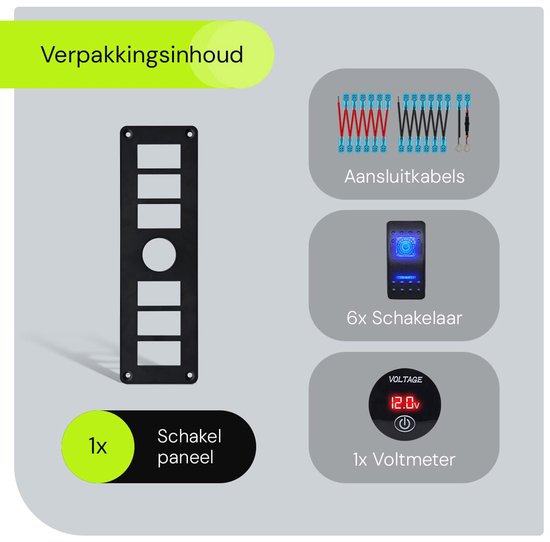 Inhoud van de verpakking: schakelpaneel, 6 schakelaars, voltmeter en aansluitkabels.